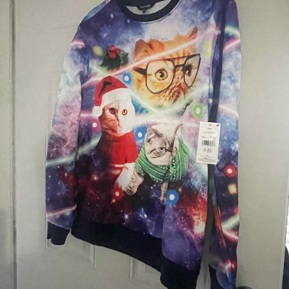 Festive Cat Graphic Crewneck Sweater - Purple Galaxy Print George